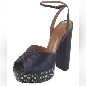 Aquazzura navy embellished platform heels sandals size 8.5 38.5